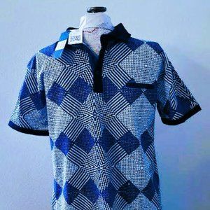 NWT PLATINI MEN'S POLO STYLE 3 BUTTON PULLOVER PRINT IN  NAVY WHITE & BLACK
